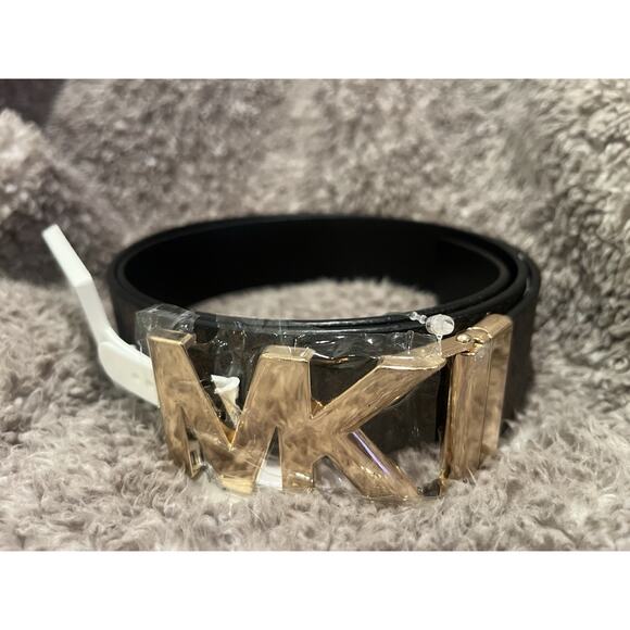 Size L Michael Kors Gold MK Logo Reversible Belt - Chocolate Brown Sig./Black FS - Picture 1 of 3